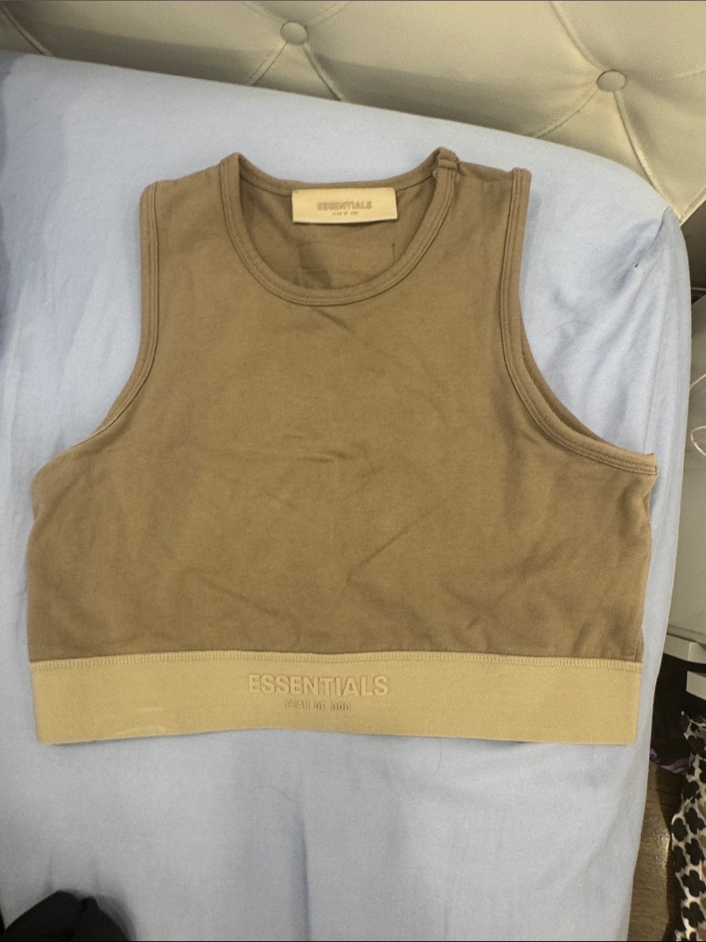 ESSENTIALS Tan Cropped Tank with Branded Hem